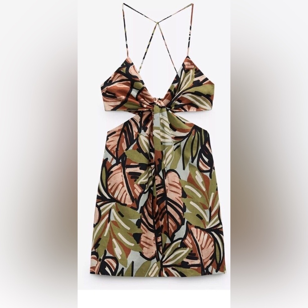 Tropical Leaf Print Tie-Front Mini Dress - Olive & Peach